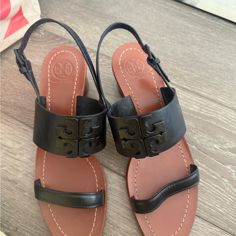Tory Burch Black Sandals with Geometric Buckle